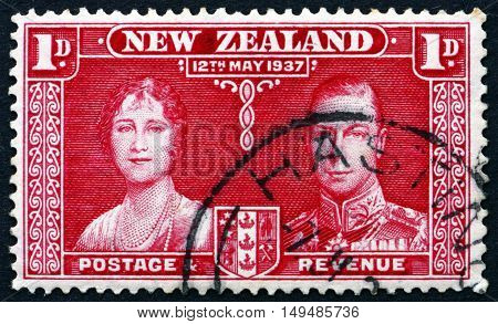 NEW ZEALAND - CIRCA 1937: a stamp printed in New Zealand shows Queen Elizabeth and King George VI Coronation of George VI and Elizabeth circa 1937