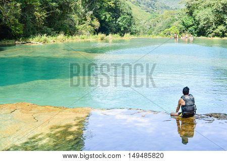 Beautiful turquoise pools and limestone bridges surrounded by the jungle in Semuc Champey in Alta Verapaz region Guatemala