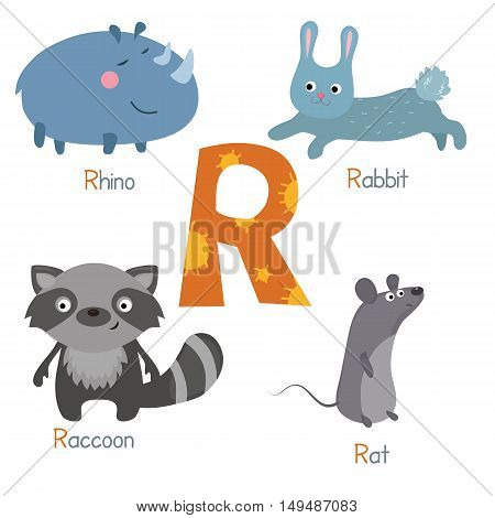 Cute vector zoo alphabet. Funny cartoon animals: rhino rabbit raccon rat.