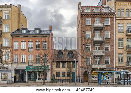 HELSINGBORG SWEDEN - APRIL 25 2016: The front facades of some of the many beautiful old historic buildings that Helsingborg in Sweden has to offer.
