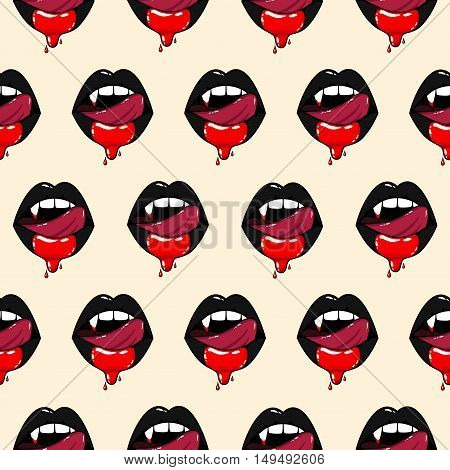 Pattern of vampire woman mouth with blood and licking tongue black lips. Halloween vector illustration