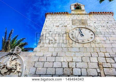 View at architecture details in town Pag, Island Pag landmarks, Croatia Europe.