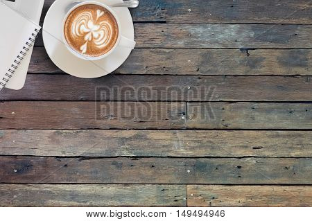 hipster desk with coffee. Top view with copy space.