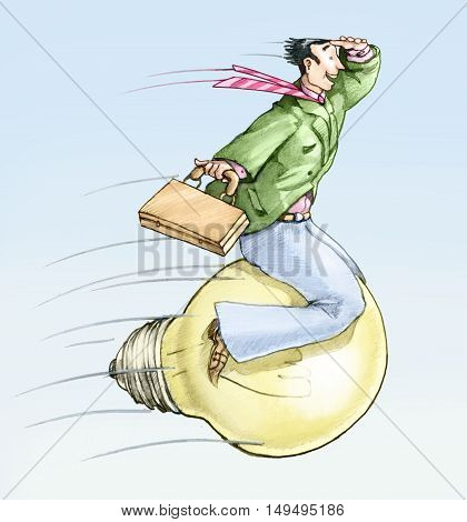 a man riding on a light bulb as munchausen rides the cannonball