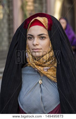 SELARGIUS, ITALY - September 11, 2016: Former marriage Selargino - Sardinia - portrait of a beautiful girl in traditional Sardinian costume