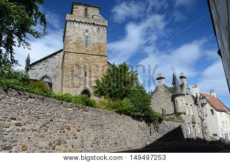 A view of an old stone church tower in Kirkcaldy