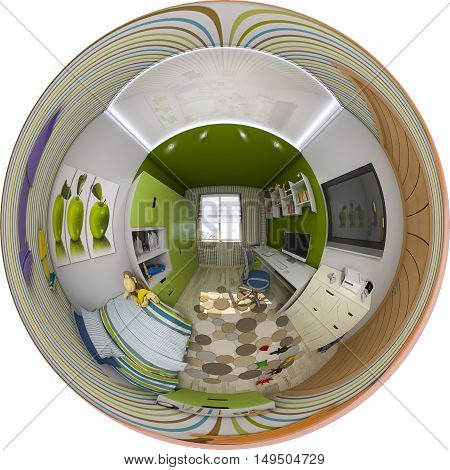 3d illustration spherical 360 degrees seamless panorama of children's room interior design. Design a child's room is in green and blue tones