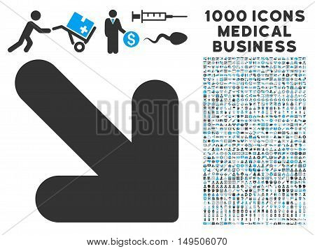 Arrow Down Right icon with 1000 medical commercial gray and blue glyph pictograms. Set style is flat bicolor symbols white background.