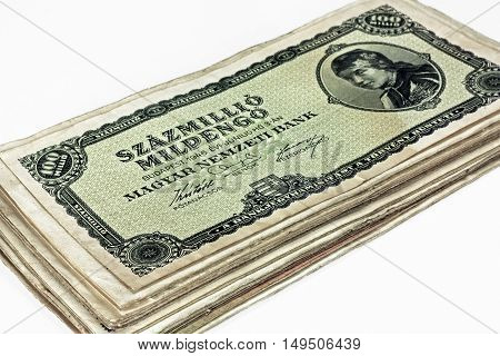 Old Hungarian hundreds of millions pengo currency and others money isolated on white background