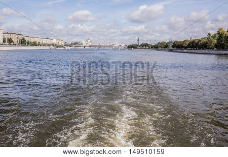 Moscow. Crimean bridge.Under the bridge float ships