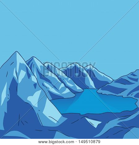 Blue mountain landscape. Glacial lake. North landscape. Vector modern illustration