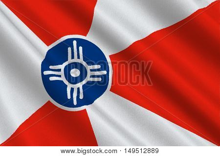 Flag of Wichita is the city in State of Kansas United States. 3D illustration