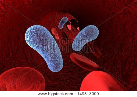 View inside blood vessel in patient with bacteriemia. 3D illustration. Bacteria in blood