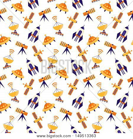 Seamless cute space pattern with astronauts, planets and rockets. Childish background
