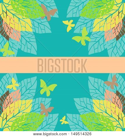 Template greeting cardwith leaves and butterflies. Stock vector illustration