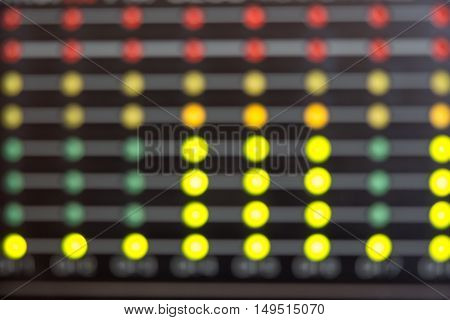 Blurred Audio level LED's indicators. LEDs on photo of multiple colors