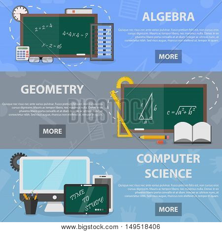 Set of vector flat horizontal banners of algebra, geometry and computer science for website and apps. Concept of mathematical science and education. Illustration of school equipment.