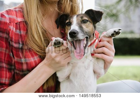 Funny smiling dog with her master. Girl holds the dog's paws to pose.