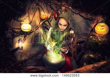Witch Brews Potions In Her Cave.