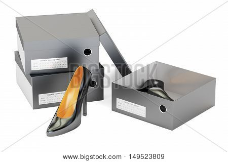 Black high heel shoes in the shoeboxes 3D rendering isolated on white background