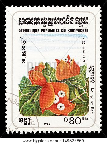CAMBODIA - CIRCA 1983 : Cancelled postage stamp printed by Cambodia, that shows Bougainvillie flower.