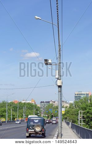Nizhny Novgorod Russia. - May 19.2016. Surveillance Camera on the road and commit violations of speed limits on Kanavinsky bridge