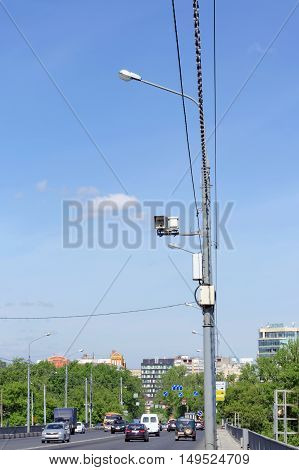 Nizhny Novgorod Russia. - May 19.2016. Surveillance Camera on the road and commit violations of speed limits on Kanavinsky bridge