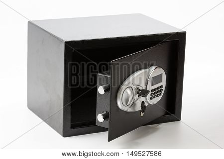 Opened Black Metal Safe Box With Numeric Keypad Locked System And Keys