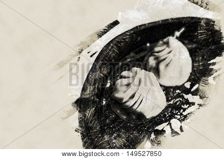 Traditional chinese food, steamed dumpling served on table in a wooden dish and with wooden chopsticks. Vintage painting, background illustration, beautiful picture, travel texture