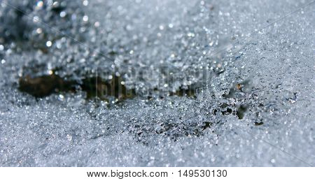Spring melting ice on the ground closeup with bokeh effect