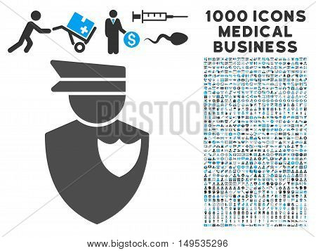Policeman icon with 1000 medical commercial gray and blue glyph design elements. Set style is flat bicolor symbols, white background.