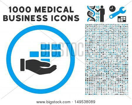 Service Schedule icon with 1000 medical business gray and blue glyph pictographs. Design style is flat bicolor symbols, white background.