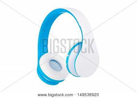Blue wireless headphones front view isolated on white background