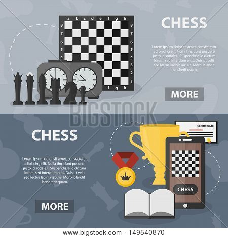 Vector flat horizontal banners of chess for website and apps. Posters concept of strategy and tactics. Set of game equipment and figures.