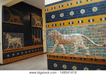 Istanbul, Turkey - May 6, 2011. Glazed panels depicting animals from the processional street and Ishtar gate of ancient Babylon at the Istanbul Archaeology Museum.