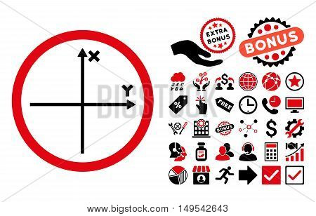 Cartesian Axis icon with bonus clip art. Glyph illustration style is flat iconic bicolor symbols, intensive red and black colors, white background.