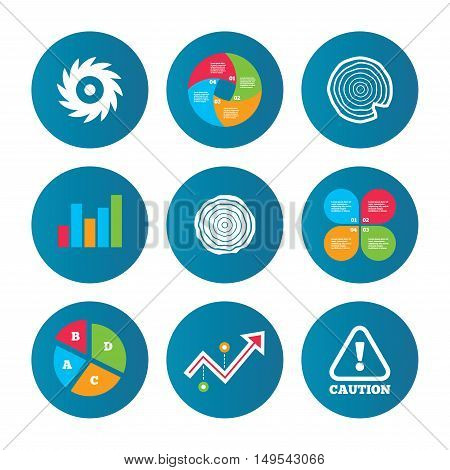 Business pie chart. Growth curve. Presentation buttons. Wood and saw circular wheel icons. Attention caution symbol. Sawmill or woodworking factory signs. Data analysis. Vector