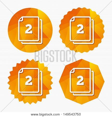 In pack 2 sheets sign icon. 2 papers symbol. Triangular low poly buttons with flat icon. Vector