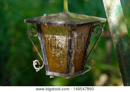 a vintage style street light with crown on the top. Beautiful historical retro metal Streetlight on green tree background.