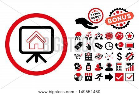 Project Slideshow pictograph with bonus pictograph collection. Glyph illustration style is flat iconic bicolor symbols, intensive red and black colors, white background.