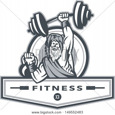 Illustration of a berserker a champion Norse warrior wearing pelt of bear skin lifting barbell and kettlebell viewed from front set inside circle with the word text Fitness inside banner done in retro style.