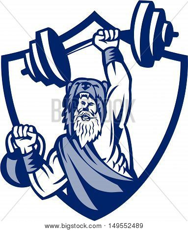 Illustration of a berserker a champion Norse warrior wearing pelt of bear skin lifting barbell and kettlebell viewed from front set inside shield crest on isolated background done in retro style.