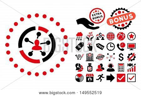 Relations Diagram icon with bonus pictogram. Glyph illustration style is flat iconic bicolor symbols, intensive red and black colors, white background.