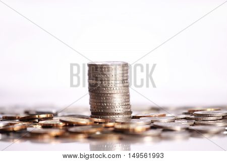 Malaysia coins stacked up isolated on white background