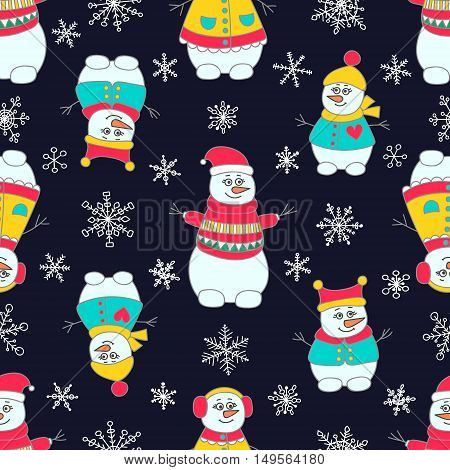 Snoman seamless pattern. Hand drawn doodle snowmen family. Bright colors - red yellow green and white. On black background.