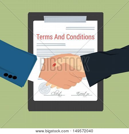 Vector concept contract agreement. Man and woman shaking hands on background of signed document of terms and conditions with seal in flat style