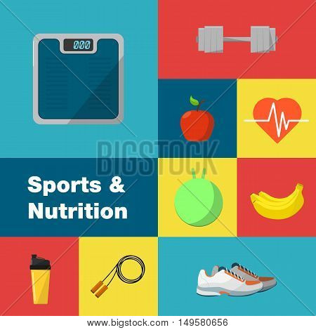 Sports and nutrition vector illustration icons set. Protein shaker, jump rope, sneakers, weigher, ball, fruit, sports bottle on color background. Exercise, diet, food, supplements, fitness symbols