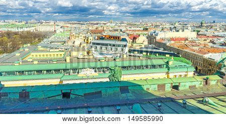 The green roof of Lobanov-Rostovsky Palace here houses the Four Seasons Hotel Lion Palace located in St Isaac's Square St Petersburg Russia.