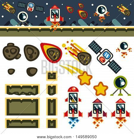 Flat game level kit "Space" with items on white background