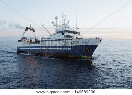 Anadyr Russia - August 13th 2016: Port Anadyr the Bering Sea fishing seiner MYS MENJSHIKOVA fishes.